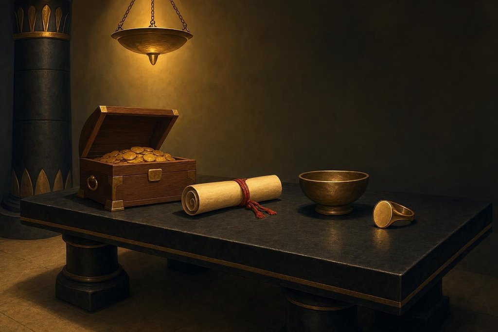 Illustration im ägyptischen Stil: ein Schreiber vor einer Steintafel, auf der Symbole für Überweisung, digitale Geldbörse und Prepaid-Guthaben eingemeißelt sind, daneben eine Truhe mit Münzen